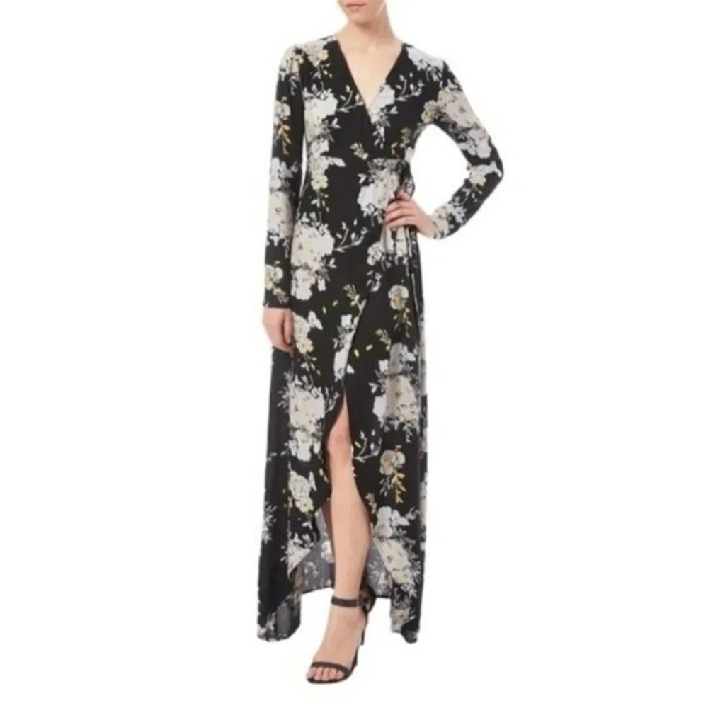Knot Sisters Maxi Dress Medium Black Floral Long Sleeve Wrap High-Low Boho